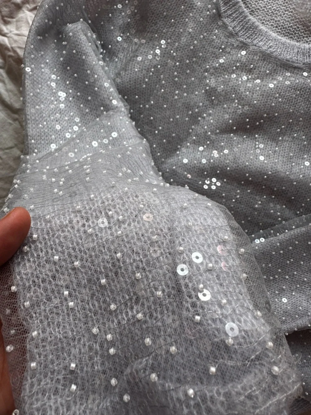 ZARA Sheer Sequin Tulle Sweater Grey Embellished Knit Top XS - Picture 2 of 13